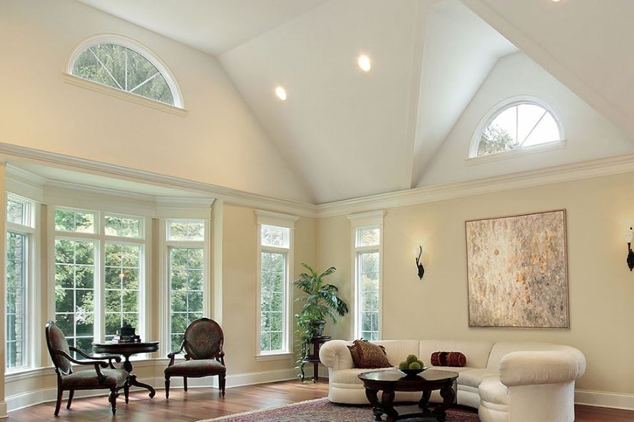living room with geometric windows